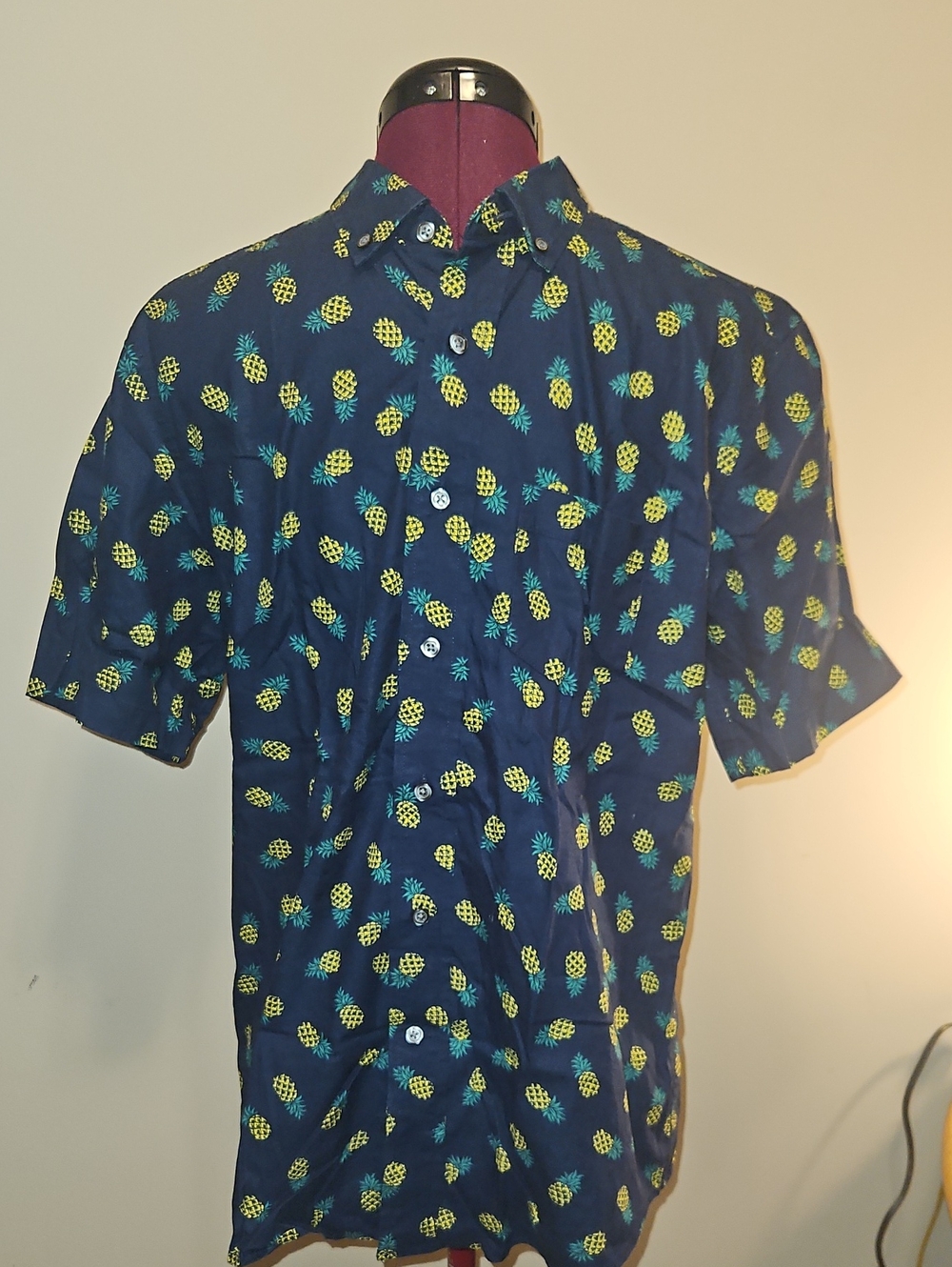 George Navy Short-Sleeve Button-Down Shirt with Yellow Pineapple Print